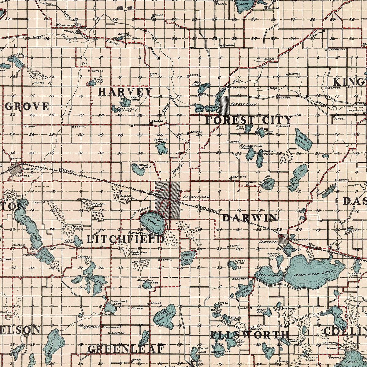 Restored historic details from the 1913 county map of Meeker County, Minnesota