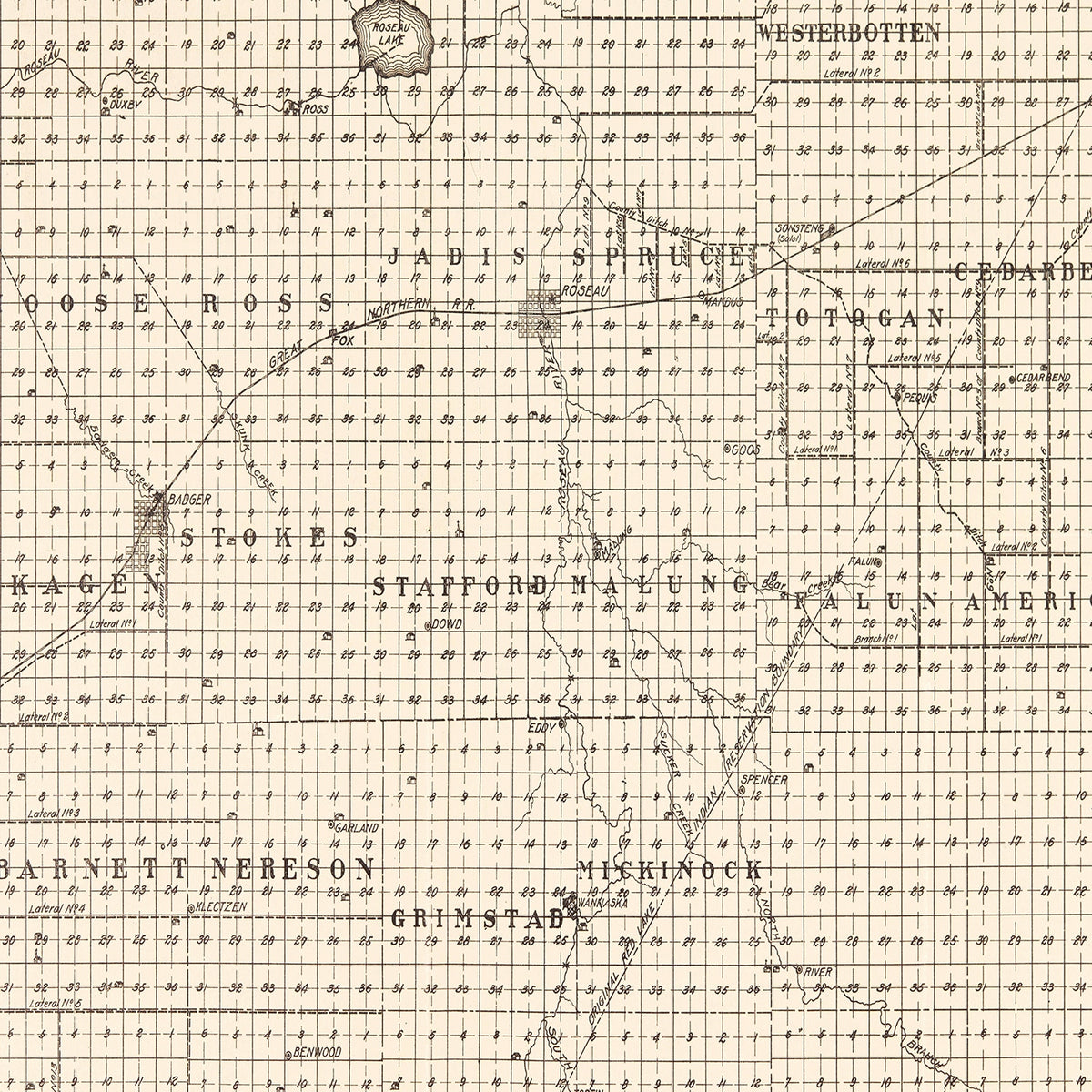 Restored historic details from the 1911 county map of Roseau County, Minnesota