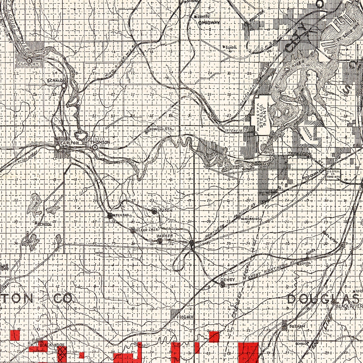 Restored historic details from the 1919 county map of Carlton County, Minnesota