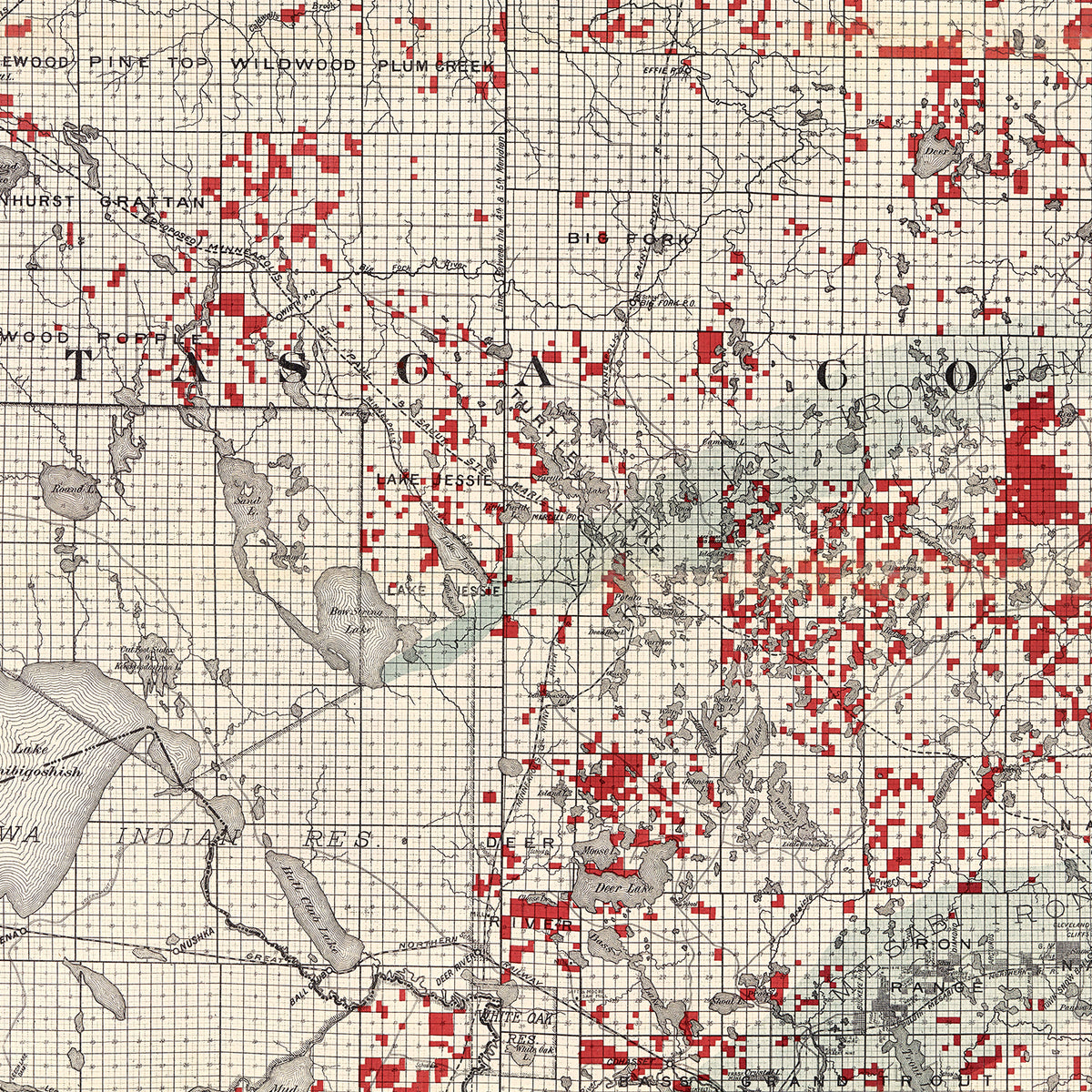 Restored historic details from the 1908 county map of Itasca County, Minnesota