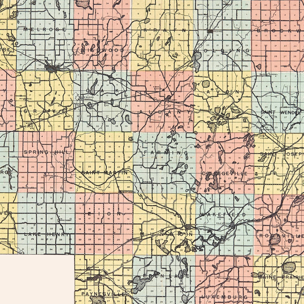 Restored historic details from the 1907 county map of Stearns County, Minnesota
