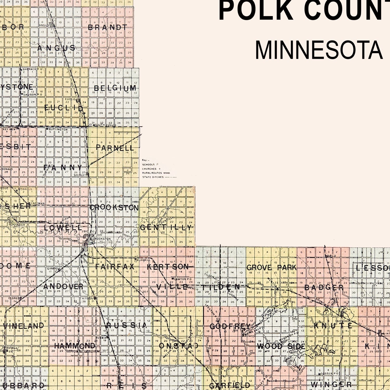 Restored historic details from the 1907 county map of Polk County, Minnesota