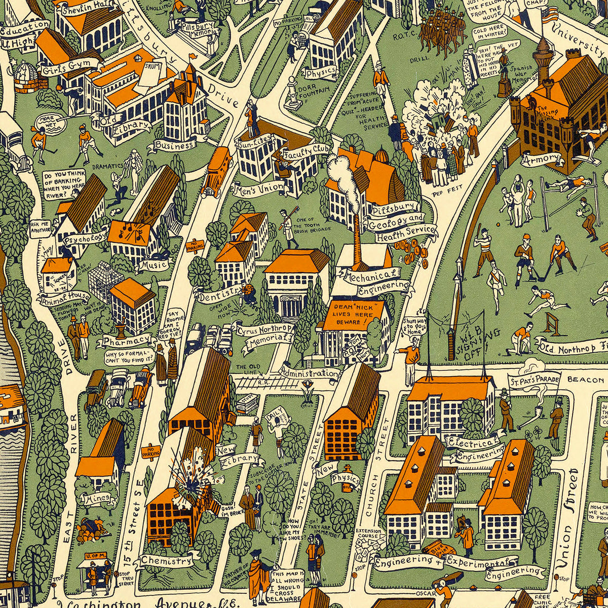 Restored historic details from the 1927 university map of Minneapolis, Minnesota