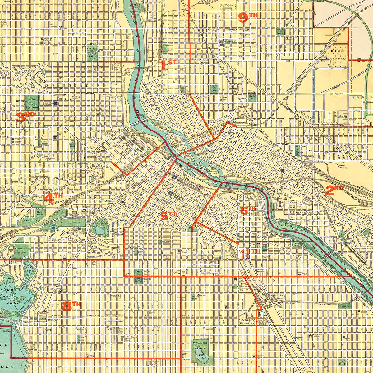 Restored historic details from the 1924 city map of Minneapolis, Minnesota