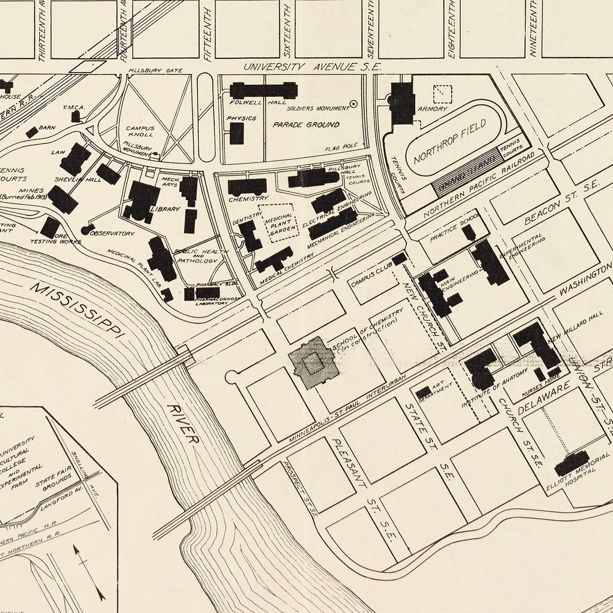 Restored historic details from the 1913 university map of Minneapolis, Minnesota