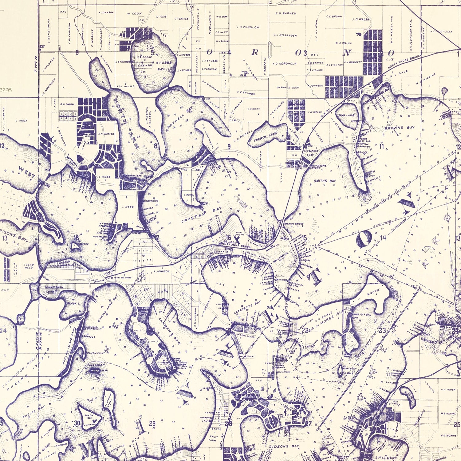 Restored historic details from the 1896 city map of Lake Minnetonka, Minnesota