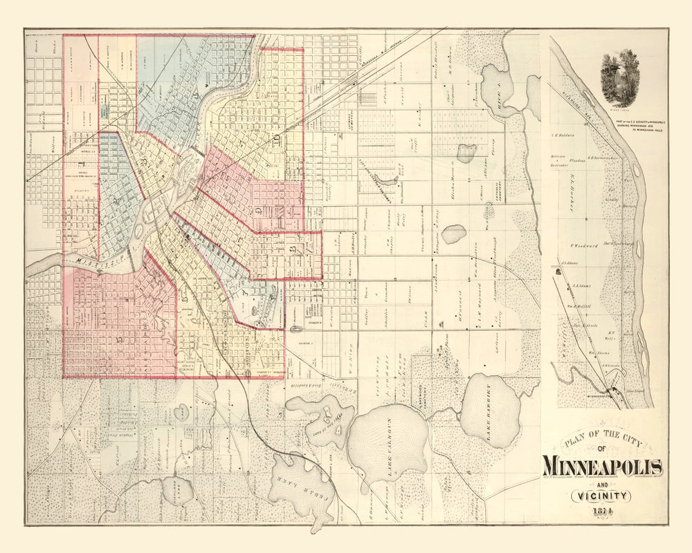 Vintage Map of Minneapolis, Minnesota 1874 print style example