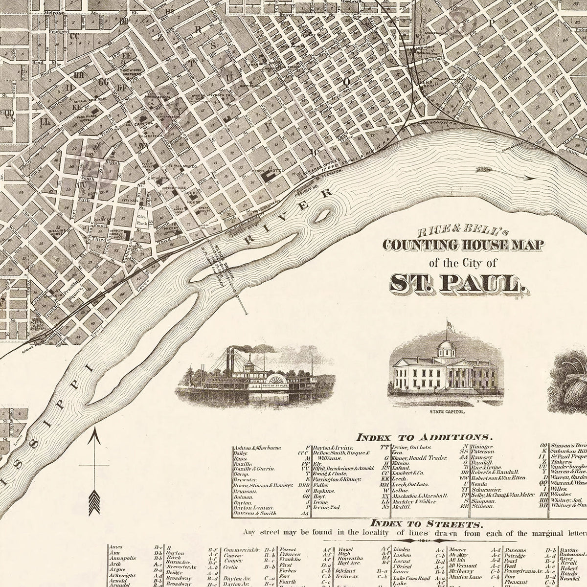 Restored historic details from the 1869 city map of St. Paul, Minnesota