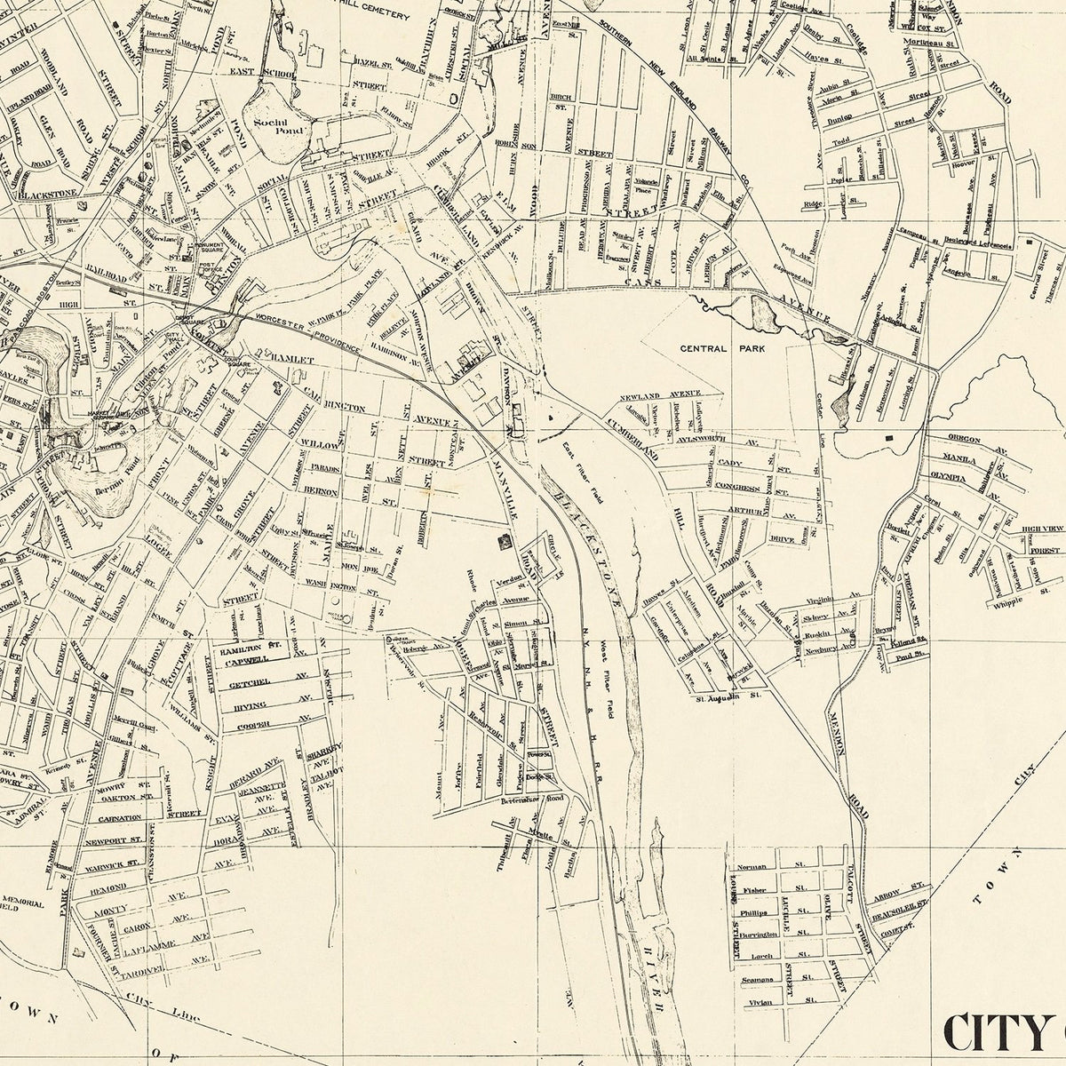 Restored historic details from the 1929 city map of Woonsocket, Rhode Island