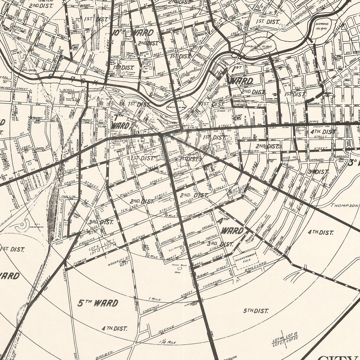 Restored historic details from the 1929 city map of Watertown, New York