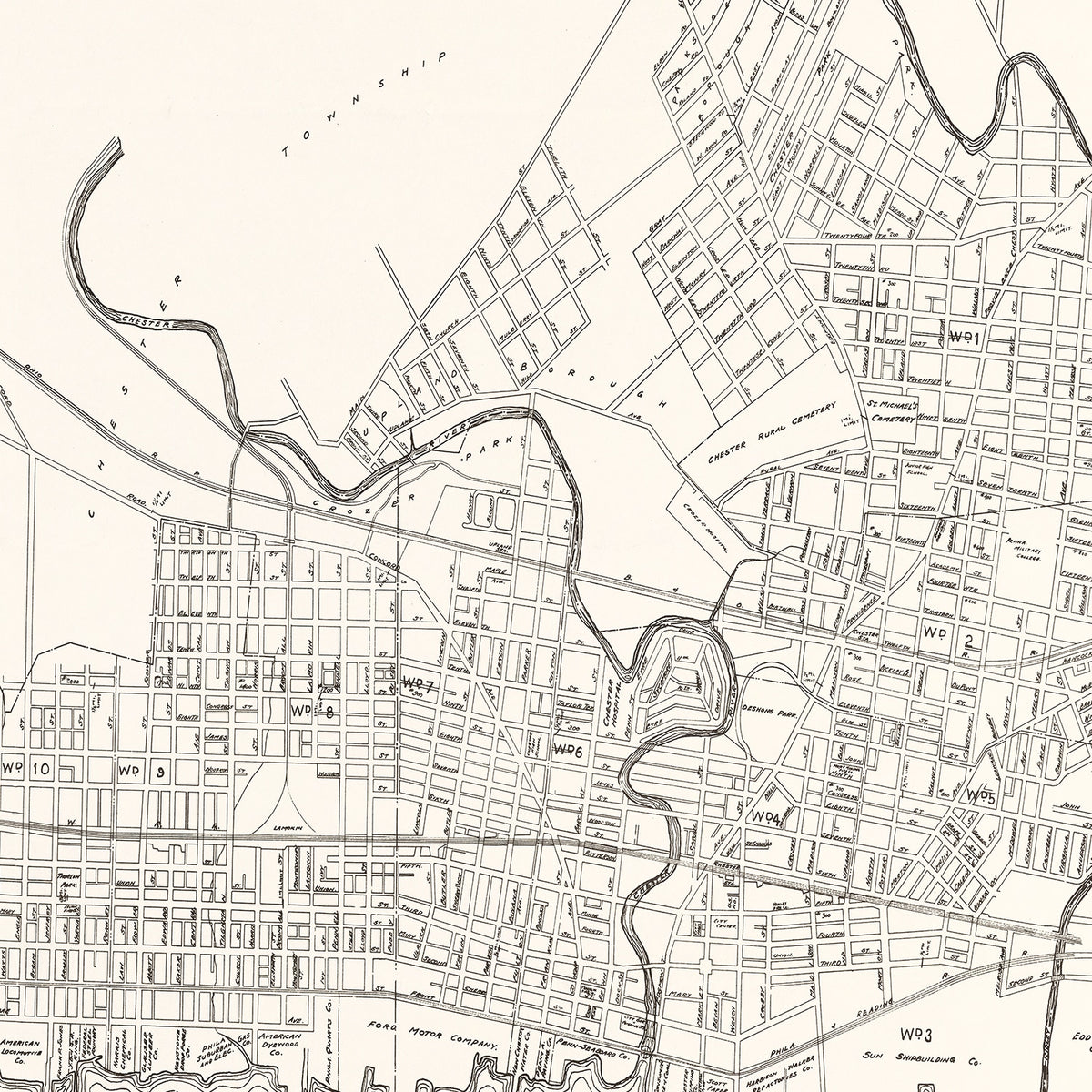 Restored historic details from the 1929 city map of Chester, Pennsylvania