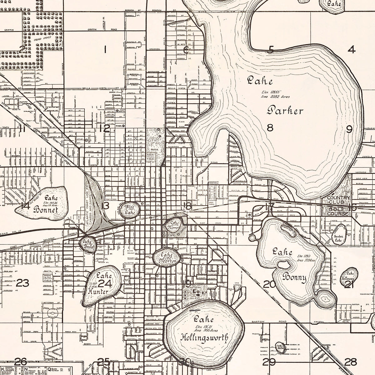 Restored historic details from the 1929 city map of Lakeland, Florida