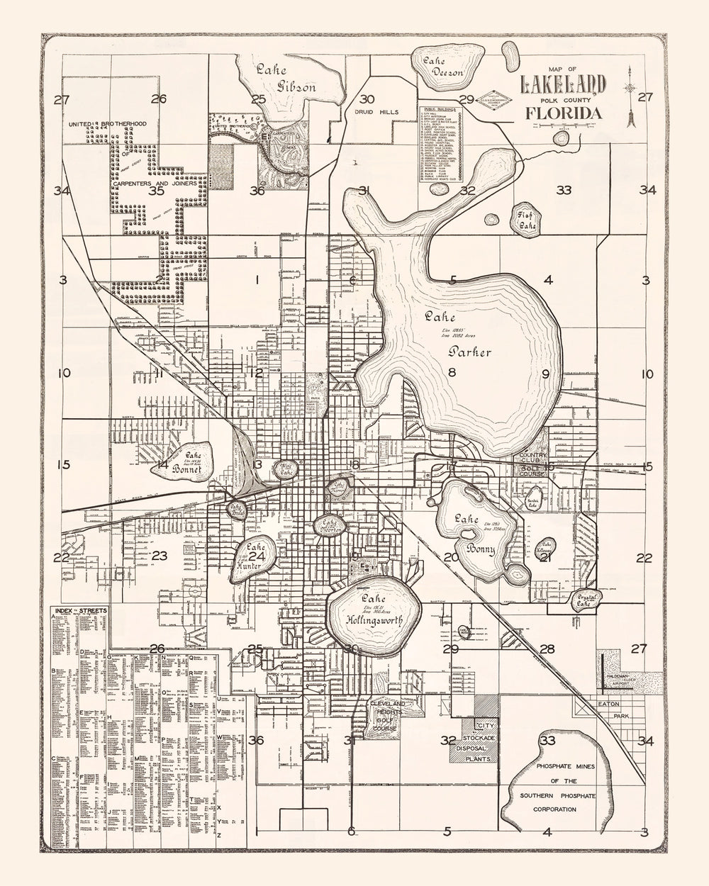 Vintage Map of Lakeland, Florida 1929 print style example