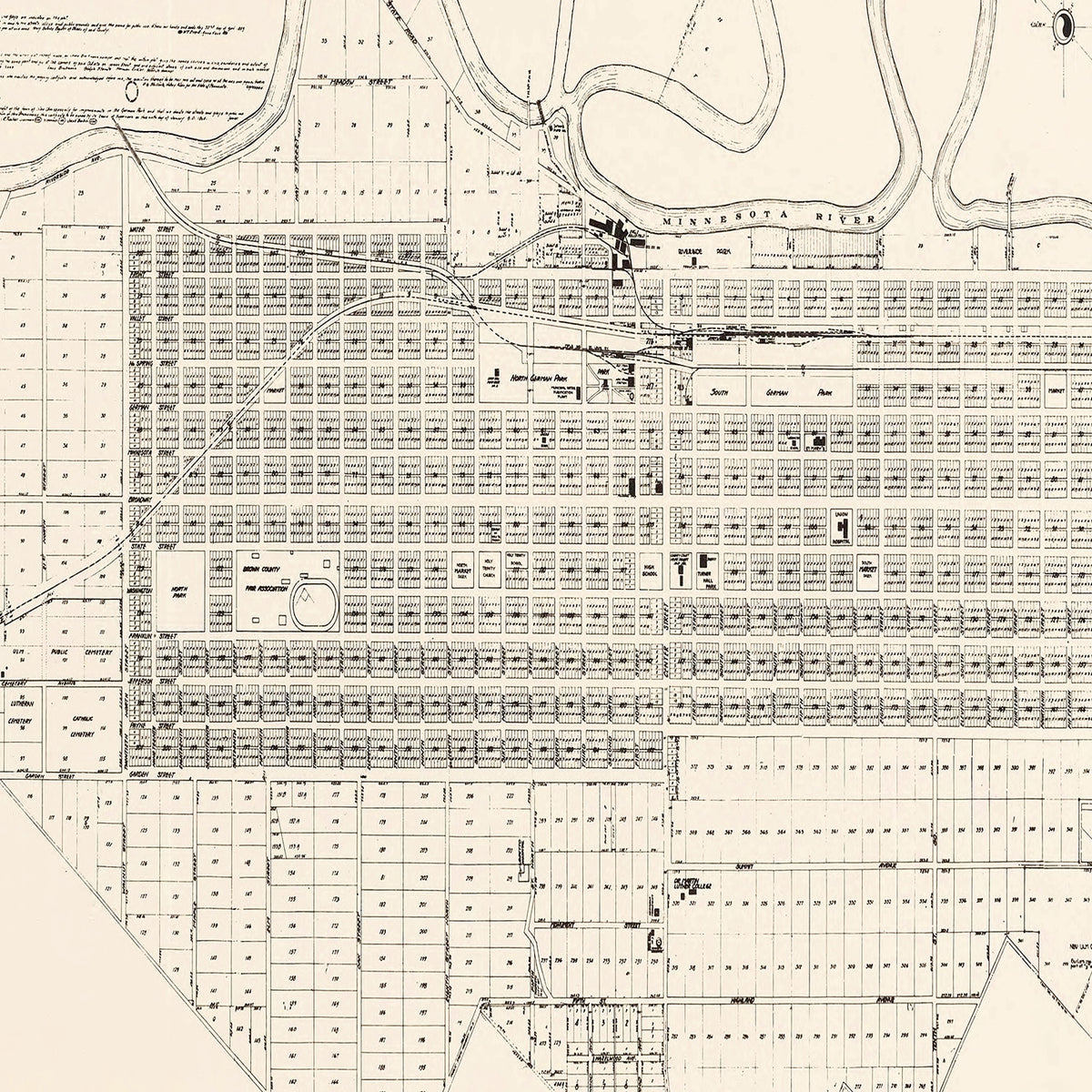 Restored historic details from the 1929 city map of New Ulm, Minnesota