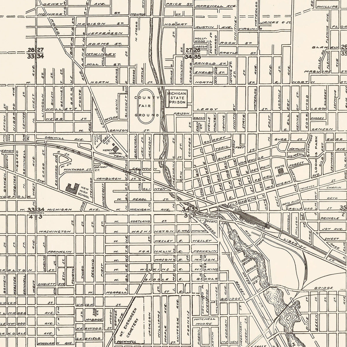 Restored historic details from the 1929 city map of Jackson, Michigan