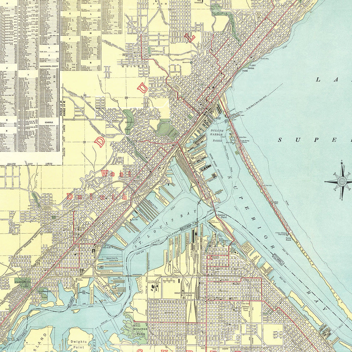 Restored historic details from the 1921 city map of Duluth, Minnesota
