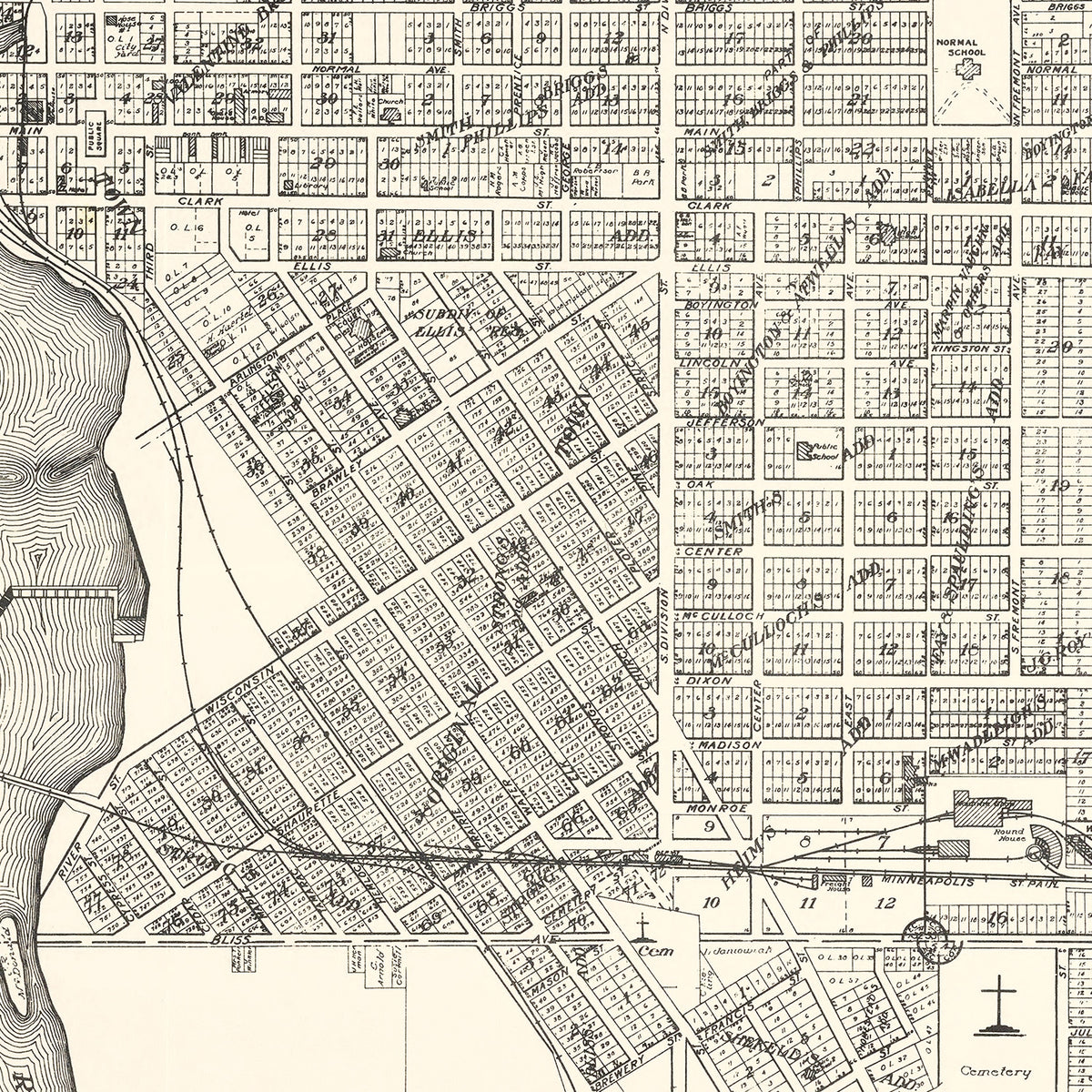 Restored historic details from the 1919 city map of Stevens Point, Wisconsin