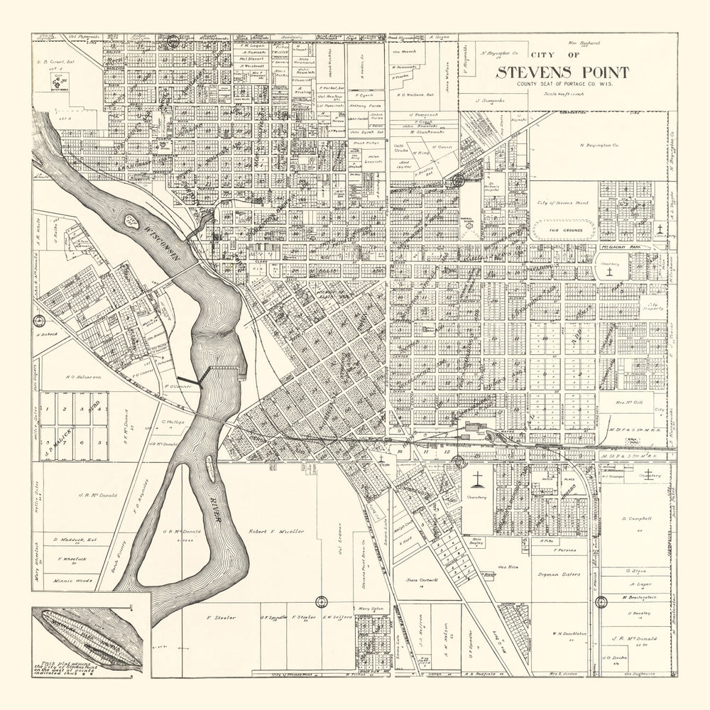 Vintage Map of Stevens Point, Wisconsin 1919 print style example