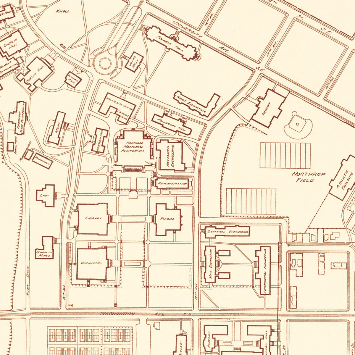 Restored historic details from the 1936 university map of Minneapolis, Minnesota