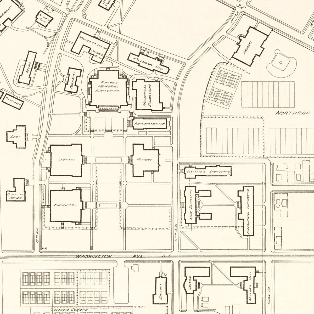 Restored historic details from the 1930 university map of Minneapolis, Minnesota