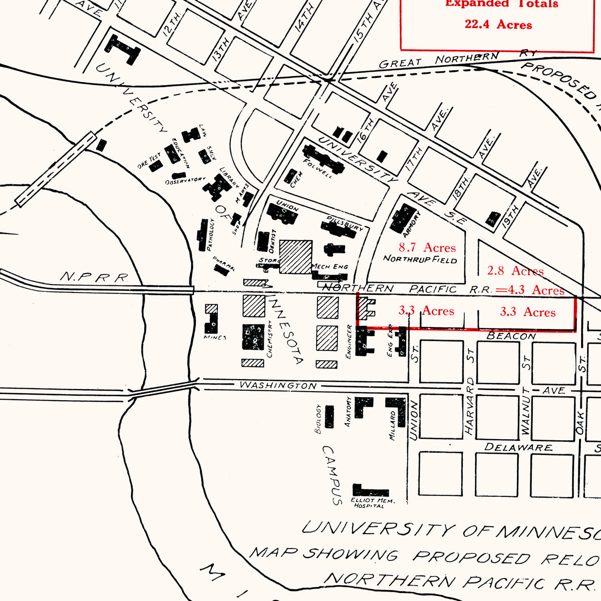 Restored historic details from the 1921 university map of Minneapolis, Minnesota