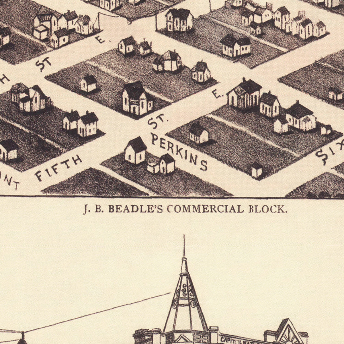 Restored historic details from the 1891 city map of Guthrie, Oklahoma