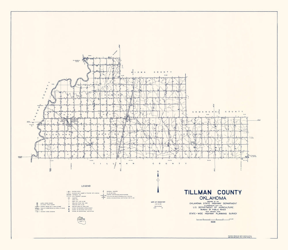 Vintage Map of Tillman County, Oklahoma 1936 print style example