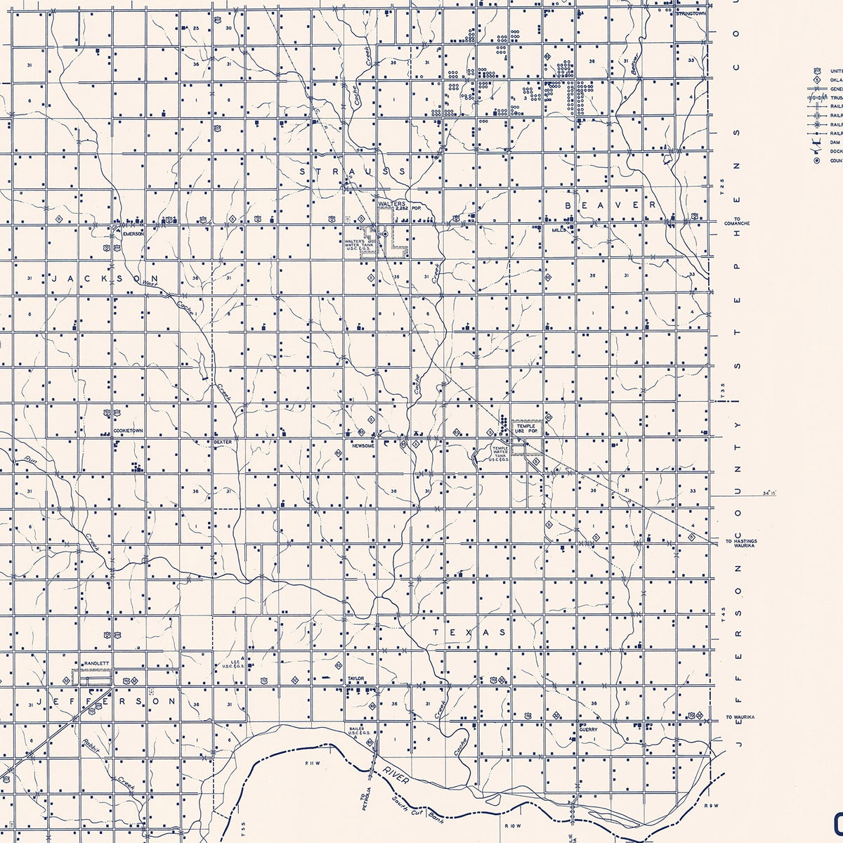 Restored historic details from the 1936 county map of Cotton County, Oklahoma