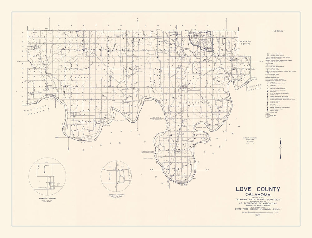 Vintage Map of Love County, Oklahoma 1936 print style example