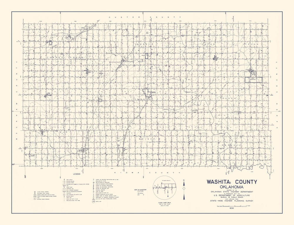 Vintage Map of Washita County, Oklahoma 1936 print style example