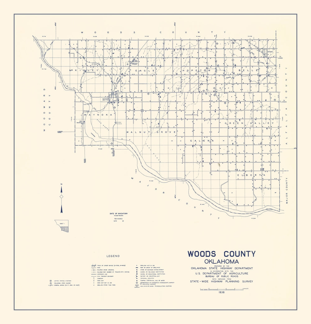 Vintage Map of Woods County, Oklahoma 1936 print style example