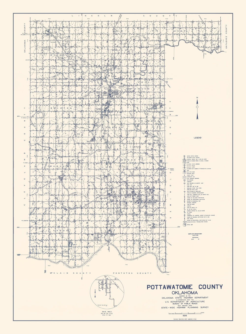 Vintage Map of Pottawatomie County, Oklahoma 1936 print style example