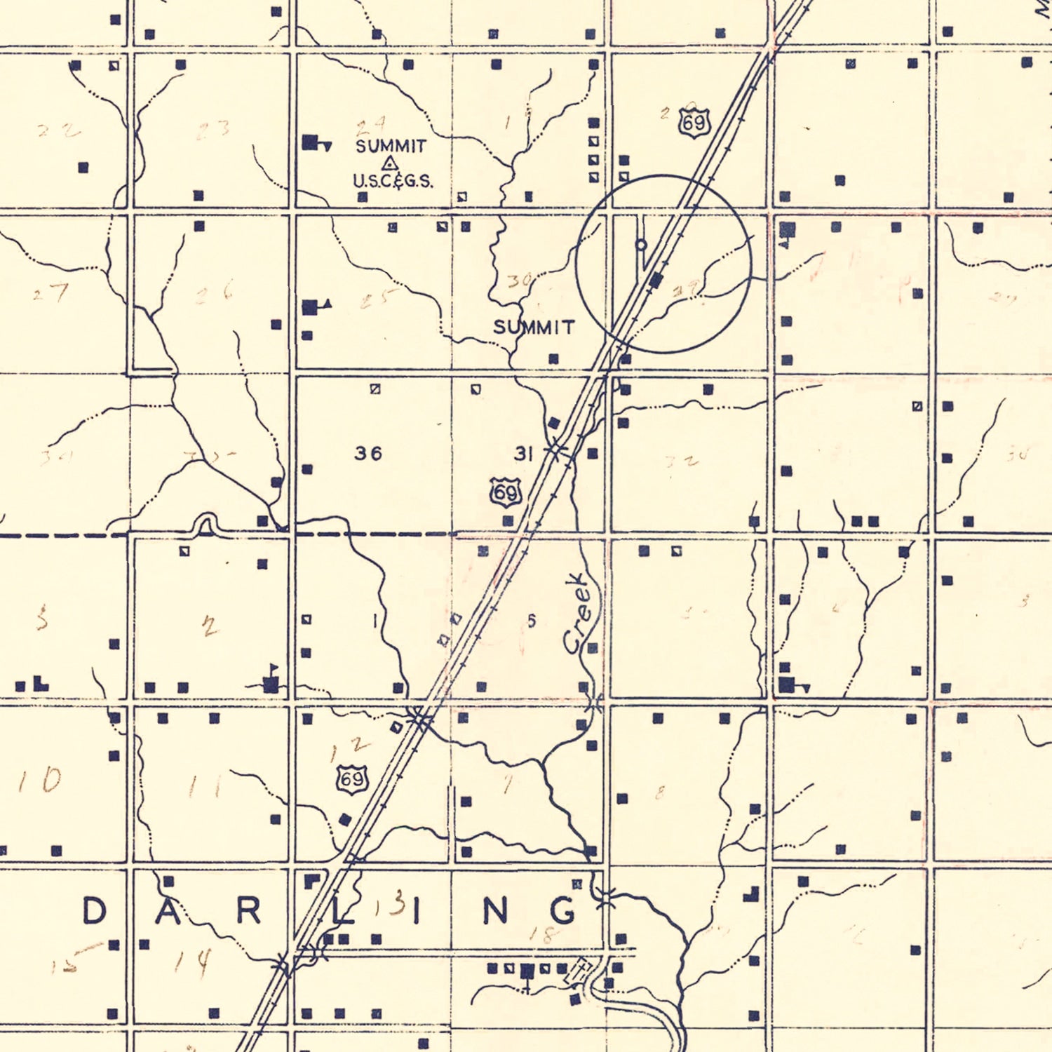 Restored historic details from the 1936 county map of Muskogee County, Oklahoma