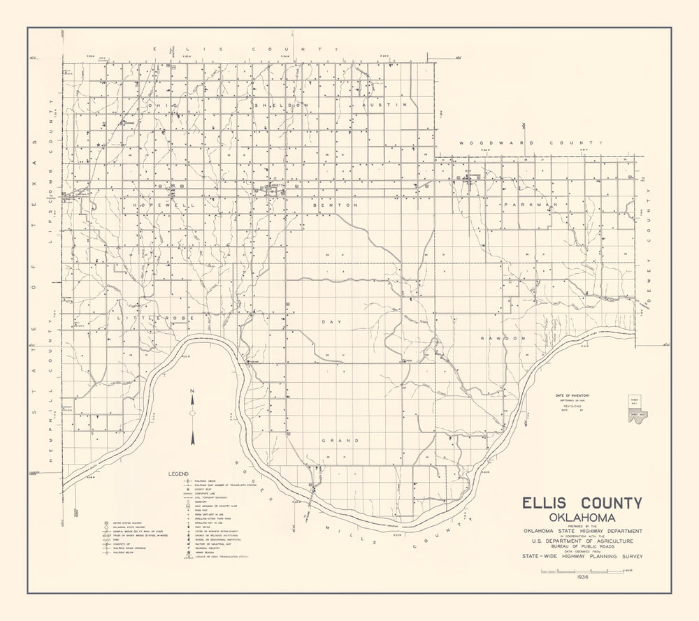 Vintage Map of Ellis County, Oklahoma 1936 print style example