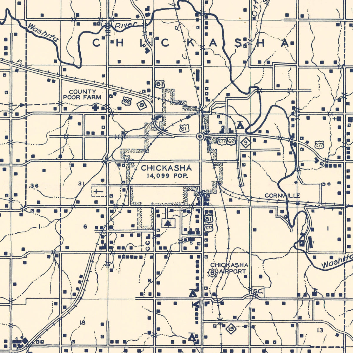Restored historic details from the 1936 county map of Grady County, Oklahoma