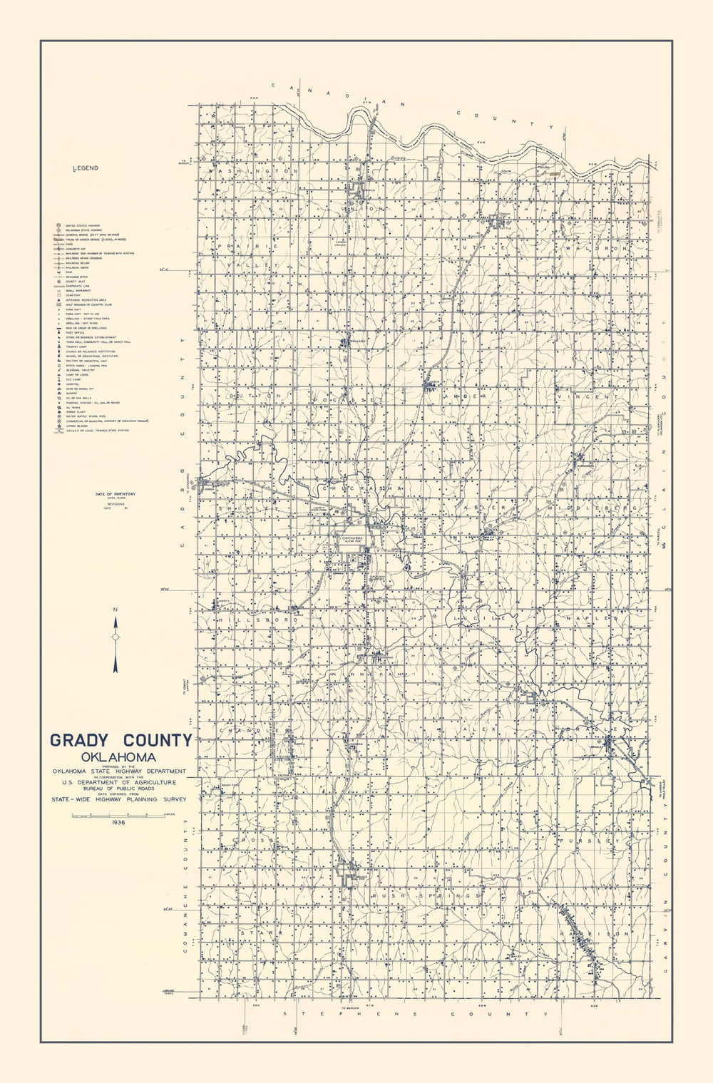 Vintage Map of Grady County, Oklahoma 1936 print style example