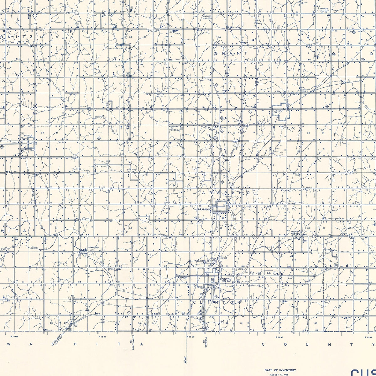 Restored historic details from the 1936 county map of Custer County, Oklahoma
