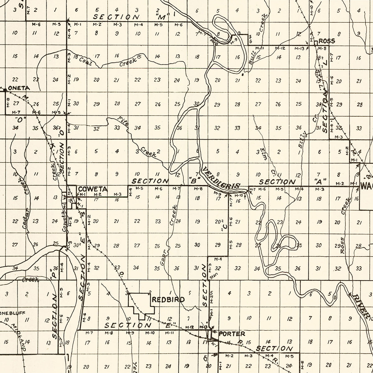 Restored historic details from the 1915 county map of Wagoner County, Oklahoma