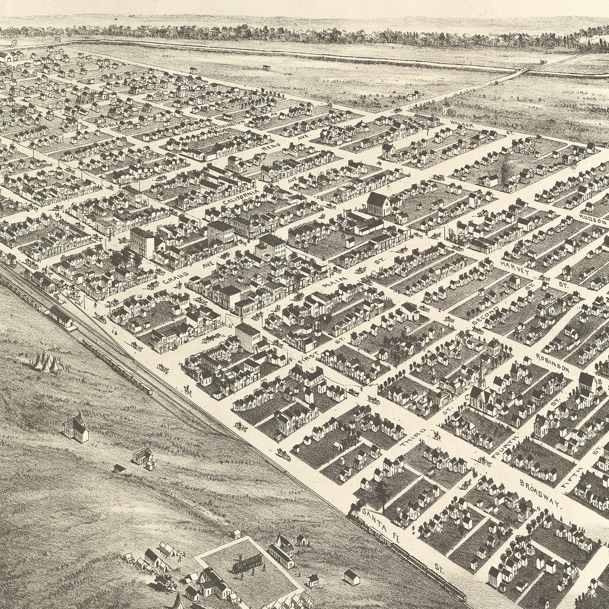Restored historic details from the 1890 city map of Oklahoma City, Oklahoma