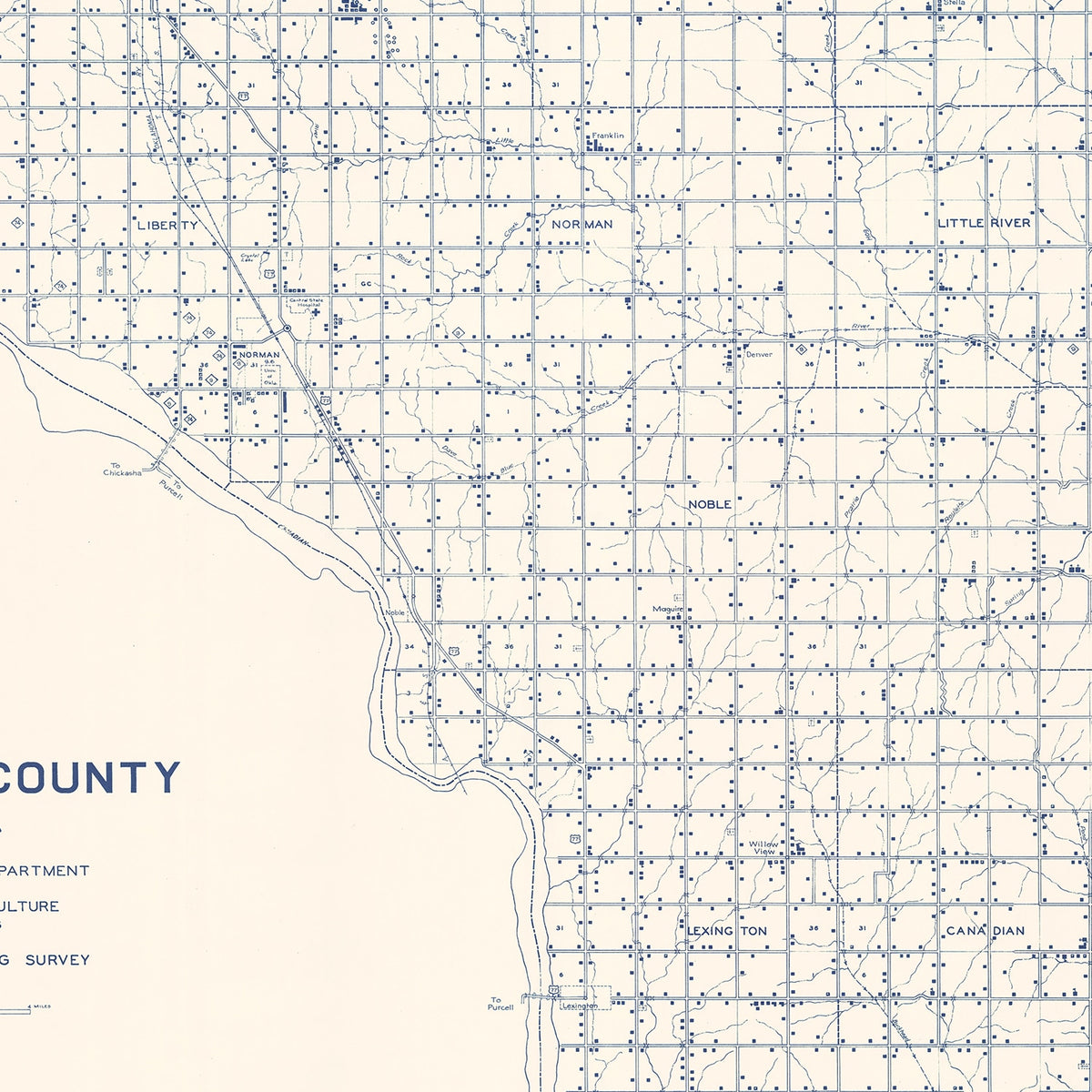 Restored historic details from the 1936 county map of Cleveland County, Oklahoma