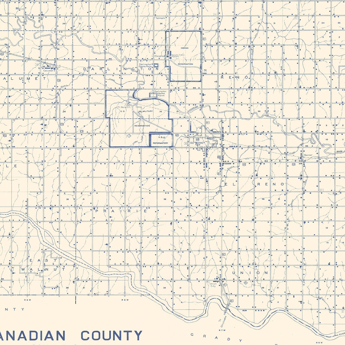 Restored historic details from the 1936 county map of Canadian County, Oklahoma