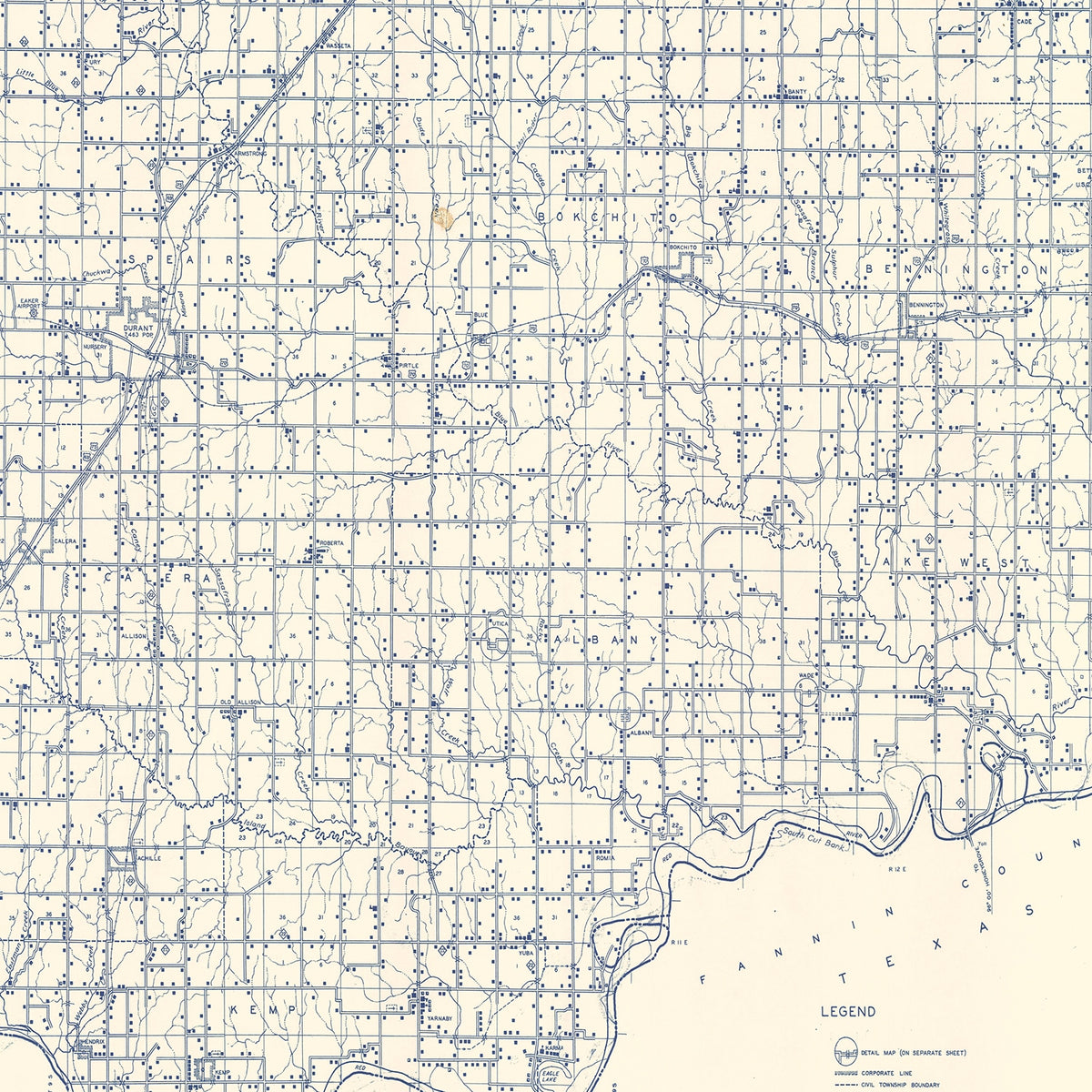Restored historic details from the 1936 county map of Bryan County, Oklahoma