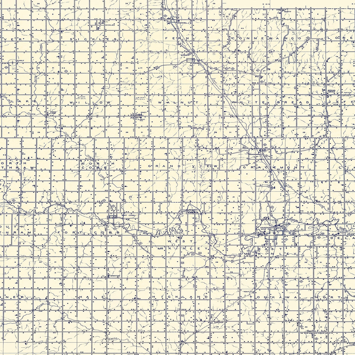 Restored historic details from the 1936 county map of Caddo County, Oklahoma