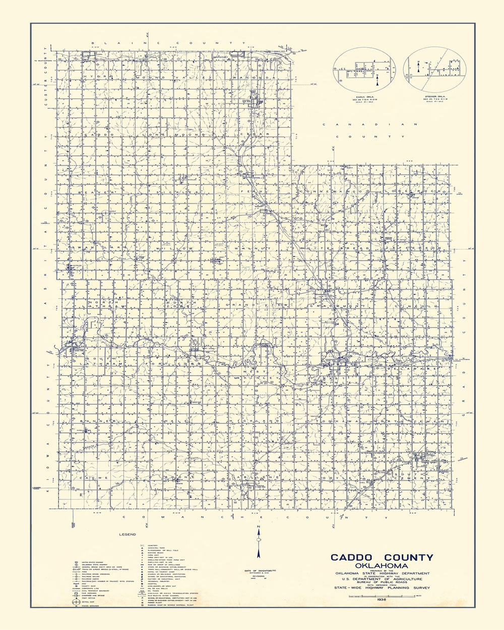 Vintage Map of Caddo County, Oklahoma 1936 print style example