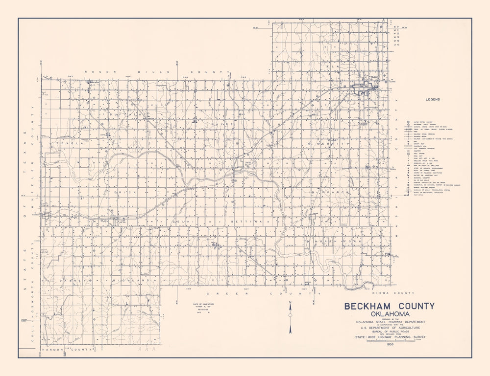 Vintage Map of Beckham County, Oklahoma 1936 print style example