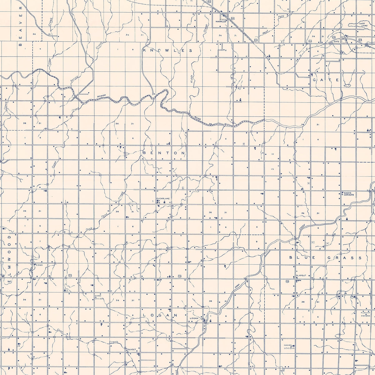 Restored historic details from the 1936 county map of Beaver County, Oklahoma