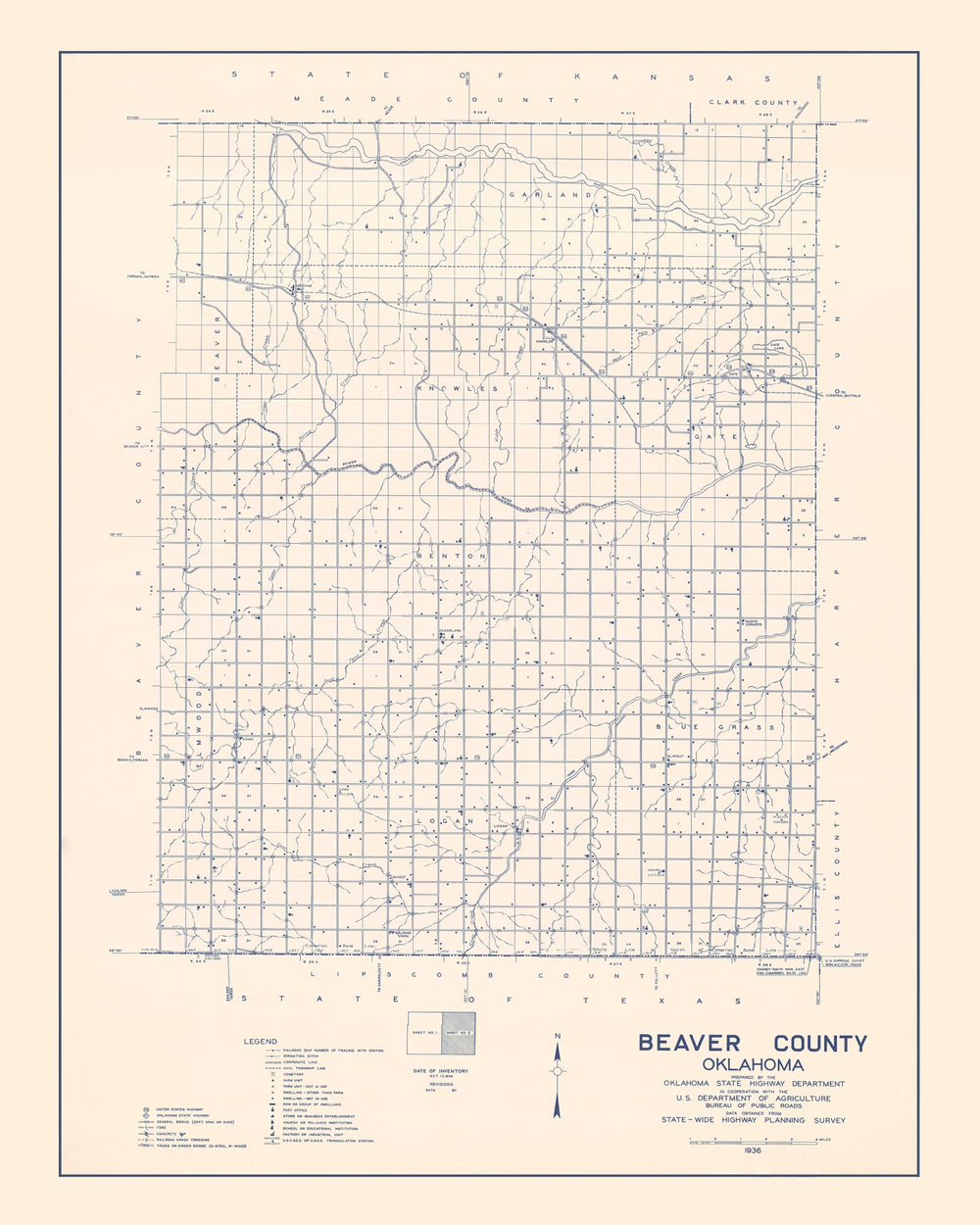 Vintage Map of Beaver County, Oklahoma 1936 print style example