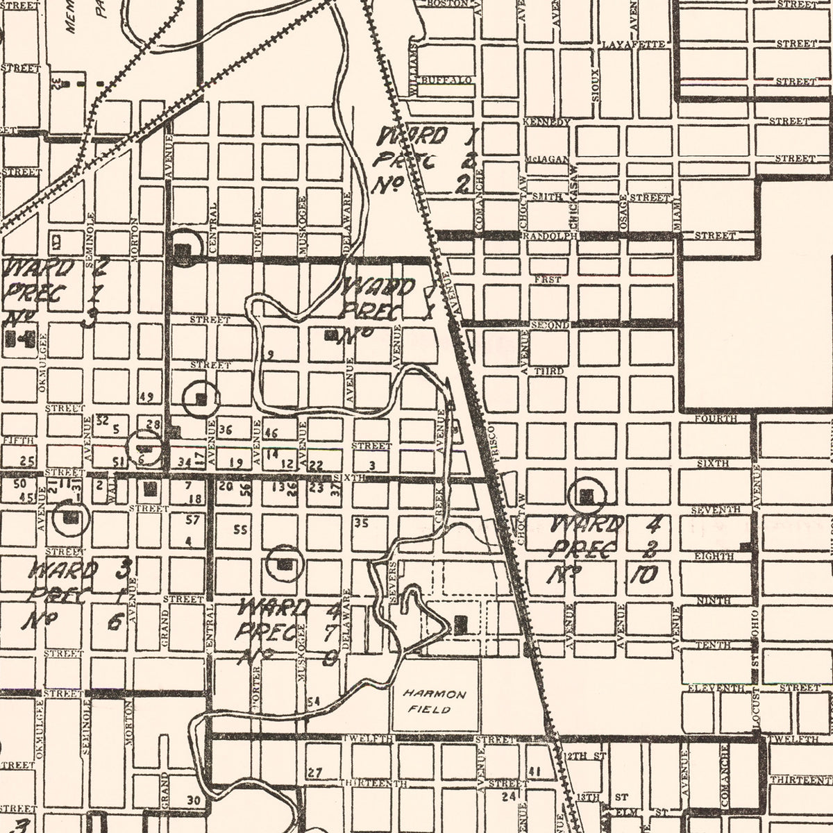 Restored historic details from the 1936 city map of Okmulgee, Oklahoma
