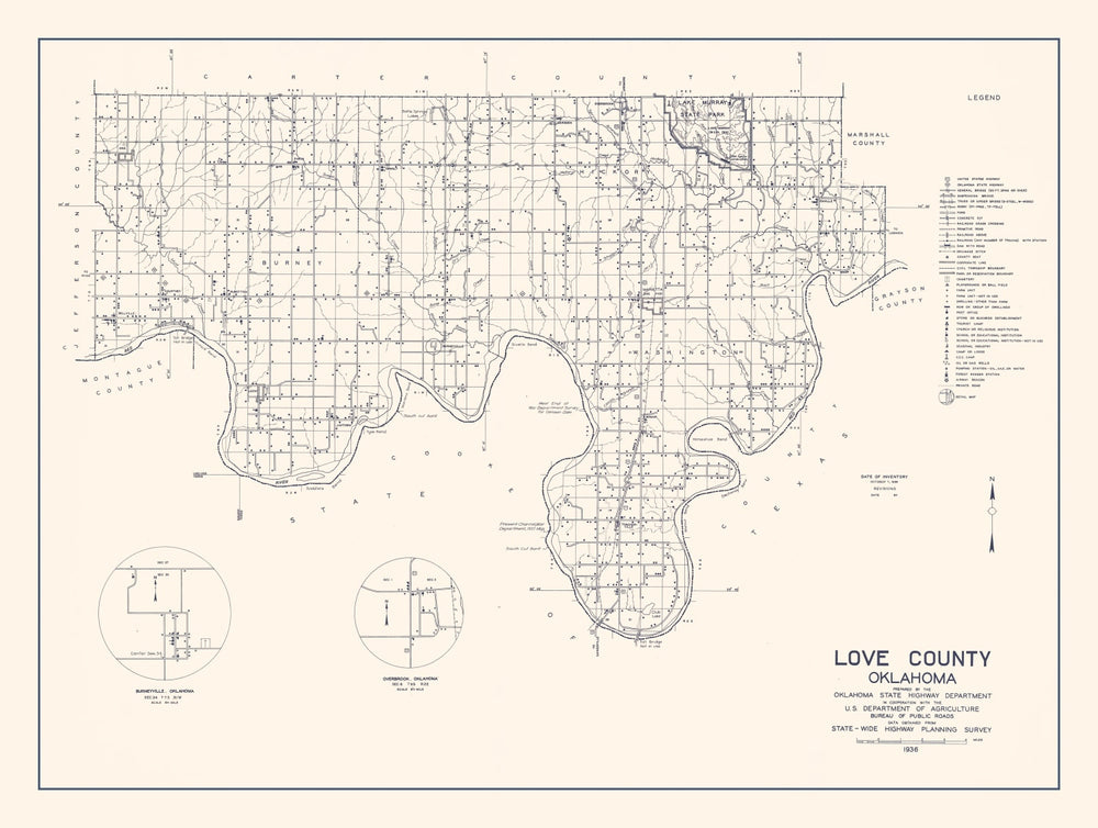 Vintage Map of Love County, Oklahoma 1936 print style example