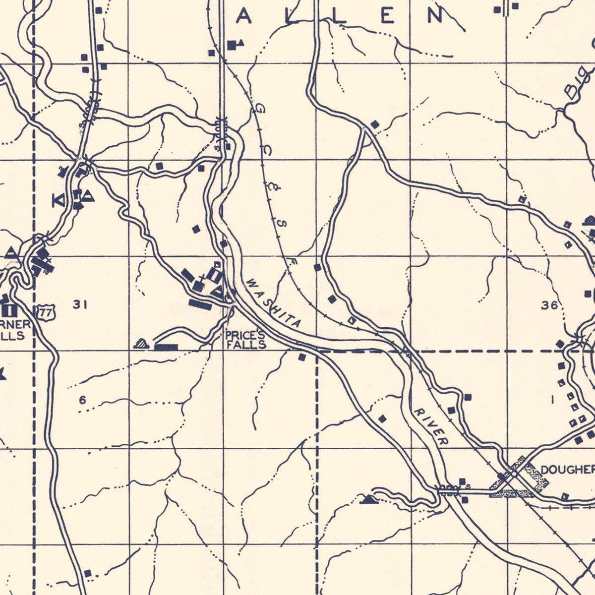 Restored historic details from the 1936 county map of Murray County, Oklahoma